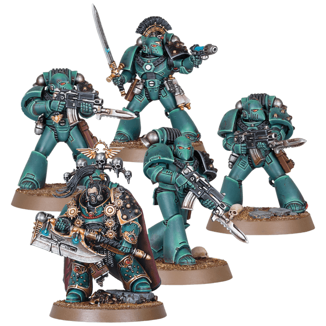 Imposing character miniatures and iconic Mark VI 'Corvus' power armour form the vanguard.